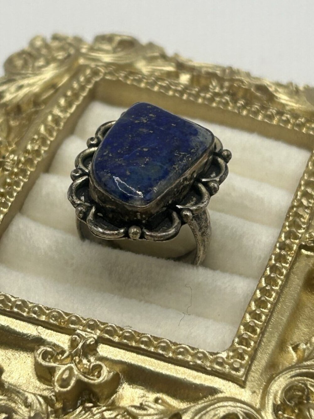 Vintage Lapis Lazuli Adjustable Ring Blue Stone Boho Statement Silver Tone Big - Picture 9 of 16